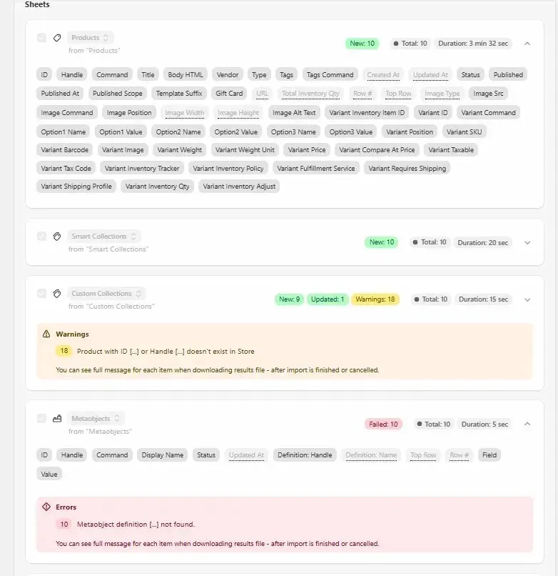 Matrixify metaobject import failure without definitions