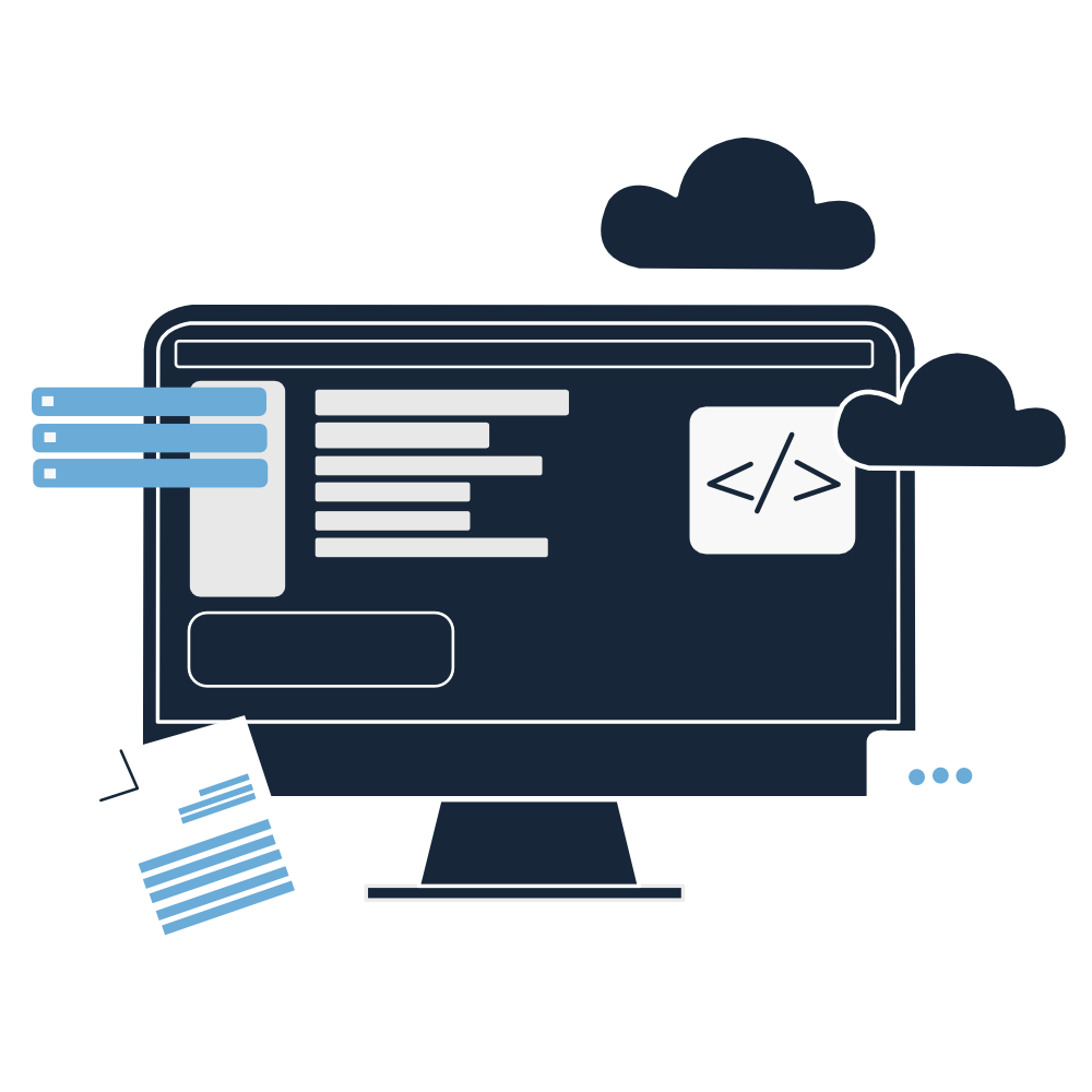 Flat illustration of a software development workspace — a monitor with a code editor, a cloud, and a floating document