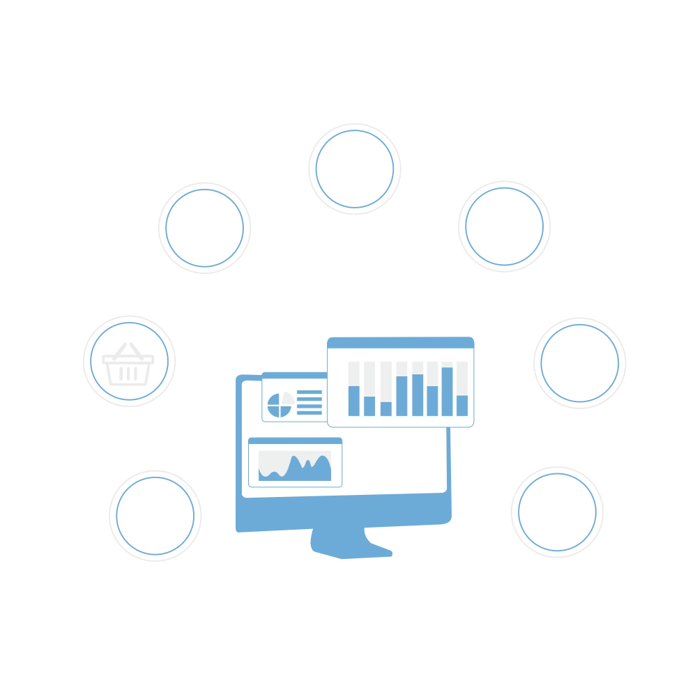 Flat illustration of a display surrounded by channel circles representing data sources feeding a central platform