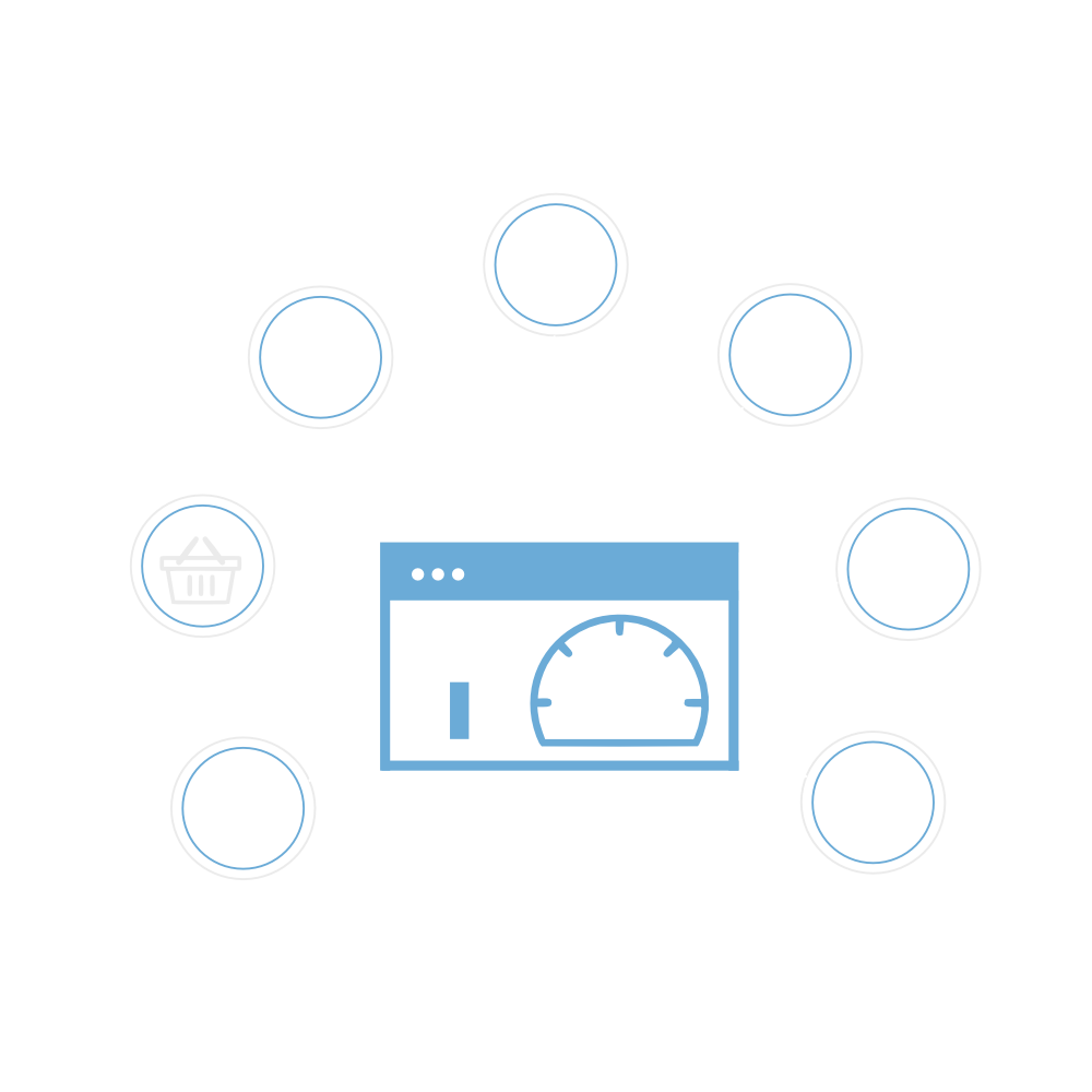 Flat illustration of a dashboard with a gauge centrepiece surrounded by channel icons feeding it