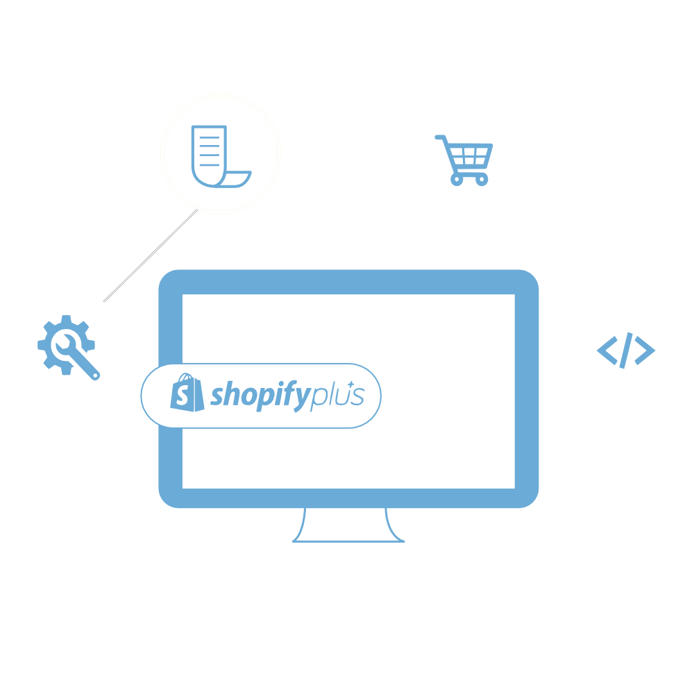 Flat illustration of a monitor displaying the Shopify Plus logo, surrounded by cart, code, gear and document icons