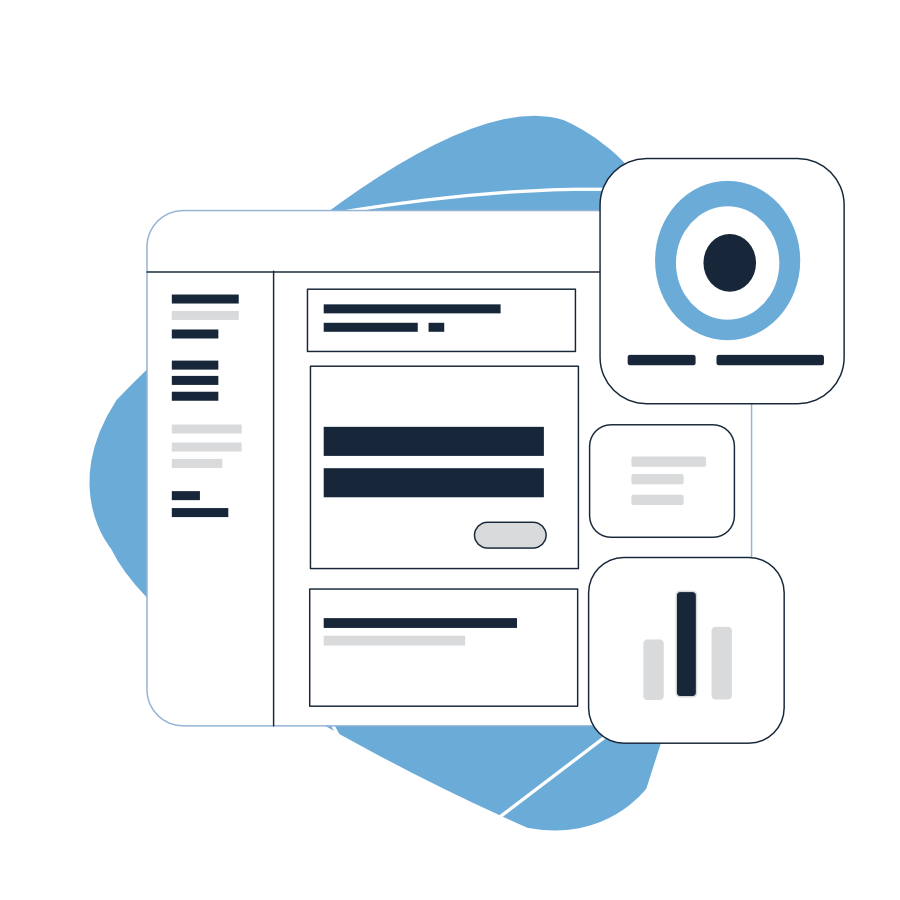Illustration of a factory performance dashboard with OEE, downtime and production-line KPI panels