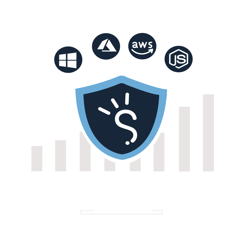 Brand illustration of the Software Clever shield logomark surrounded by Windows, Azure, AWS and Node.js icons over a bar chart