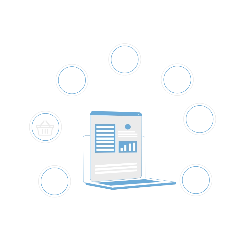 Flat illustration of a laptop displaying a report document with a bar-chart tile